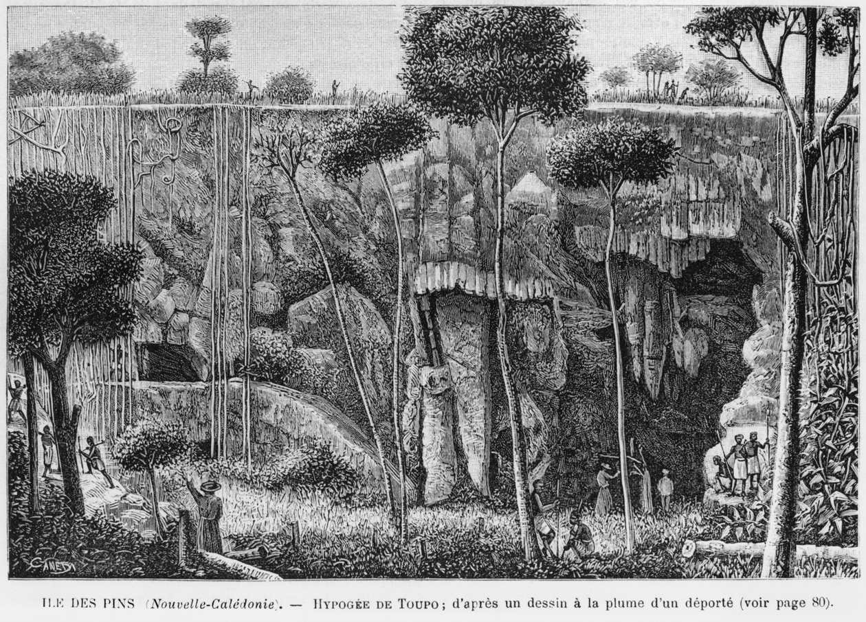 Yeni Kaledonya, Pines Adası, Toupo Hypogeum, bir sınır dışı edilen tarafından bir kalem ve mürekkep çiziminden sonra, Les Missions Catholiques bülteninden illüstrasyon, 1893 by French School