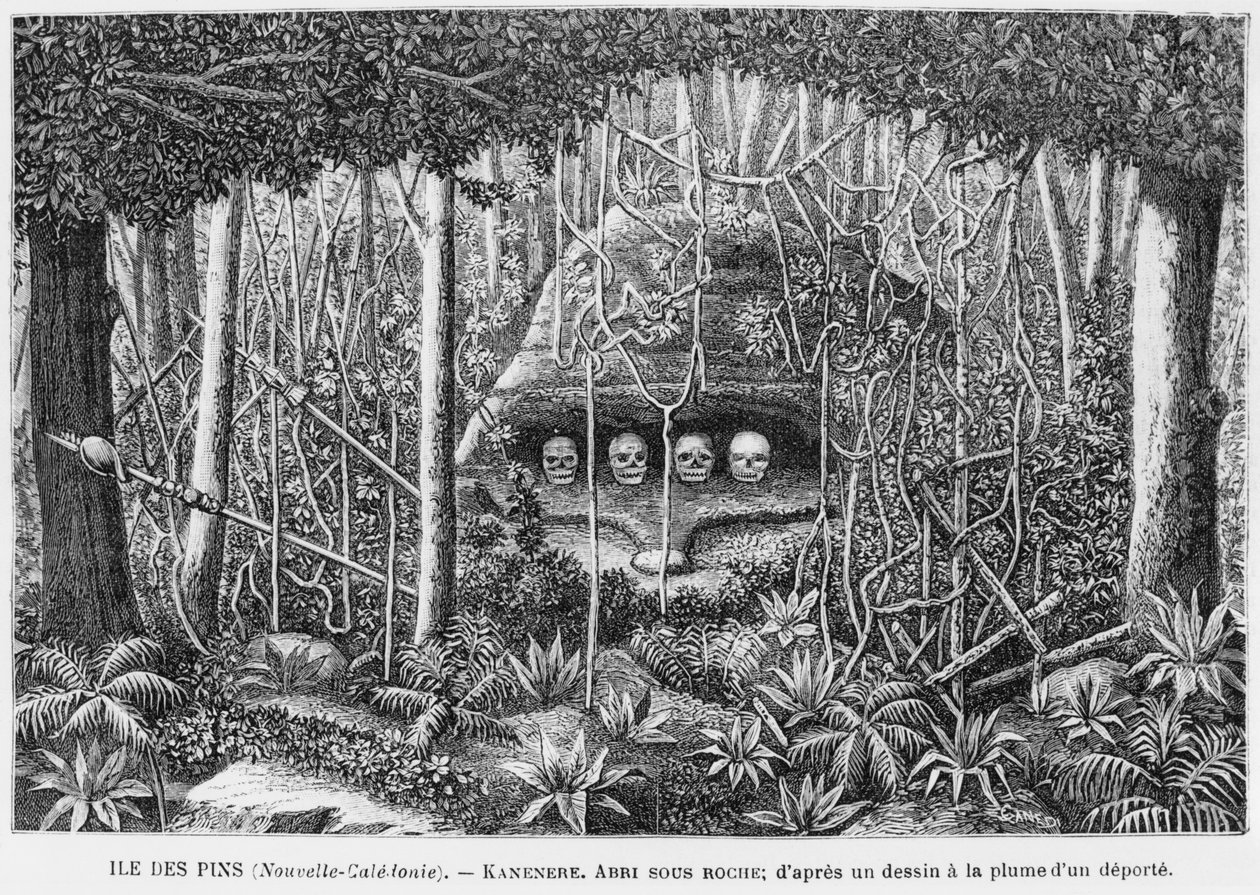 Yeni Kaledonya, Pines Adası, kayalıklarda bir sığınak, bir sınır dışı edilen tarafından bir kalem ve mürekkep çiziminden sonra, Les Missions Catholiques bülteninden bir örnek, 1893 by French School