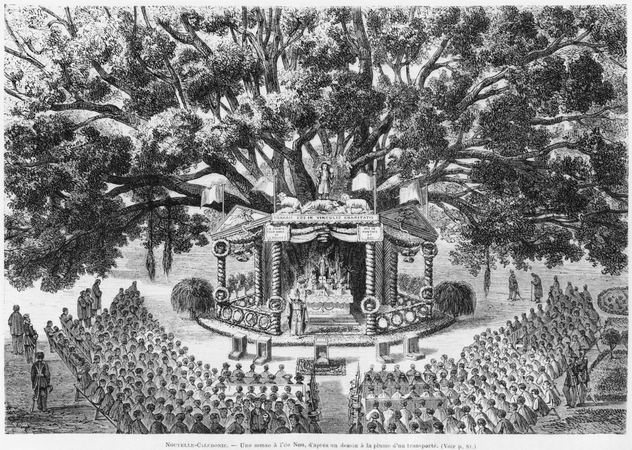 Yeni Kaledonya, Les Missions Catholiques bülteninden taşınan bir çizimin kalem ve mürekkeple çiziminden sonra Nou adasında ayini kutluyor, 1875 by French School