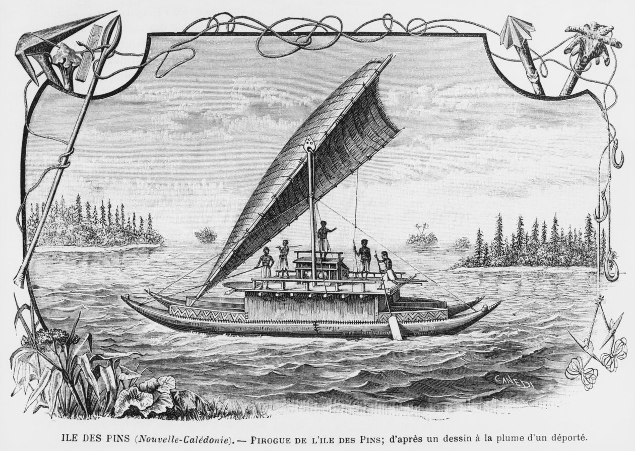 Yeni Kaledonya, Pines Adası'nın pirogue'u, bir sürgünün kalem ve mürekkeple çiziminden sonra, Les Missions Catholiques bülteninden çizim, 1893 by French School