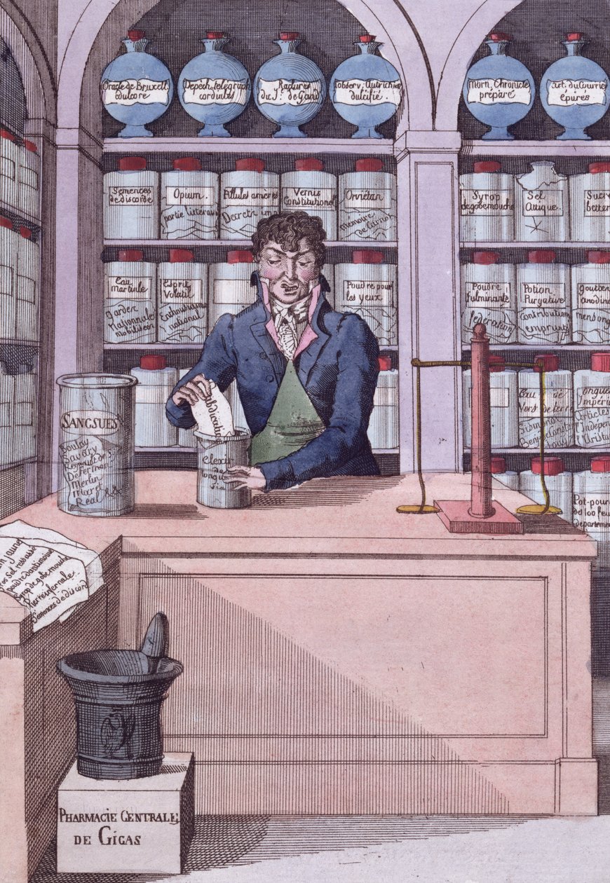 Napolyon veya Kimyager Akademisyen yönetimindeki gazete dispanseri, Napolyon tarafından ezilen Basını tasvir eden karikatür (renkli gravür) by French School