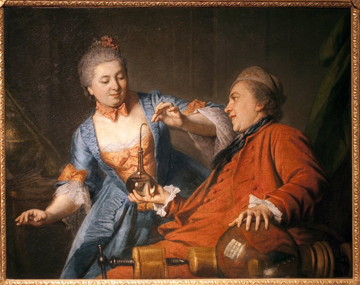 Nicolas Bergeat (1733-1815) ve Madame de Maisoncel fizikte bir deney yapıyor. Anonim bir remoisin resmi, tuval üzerine yağlı boya by French School