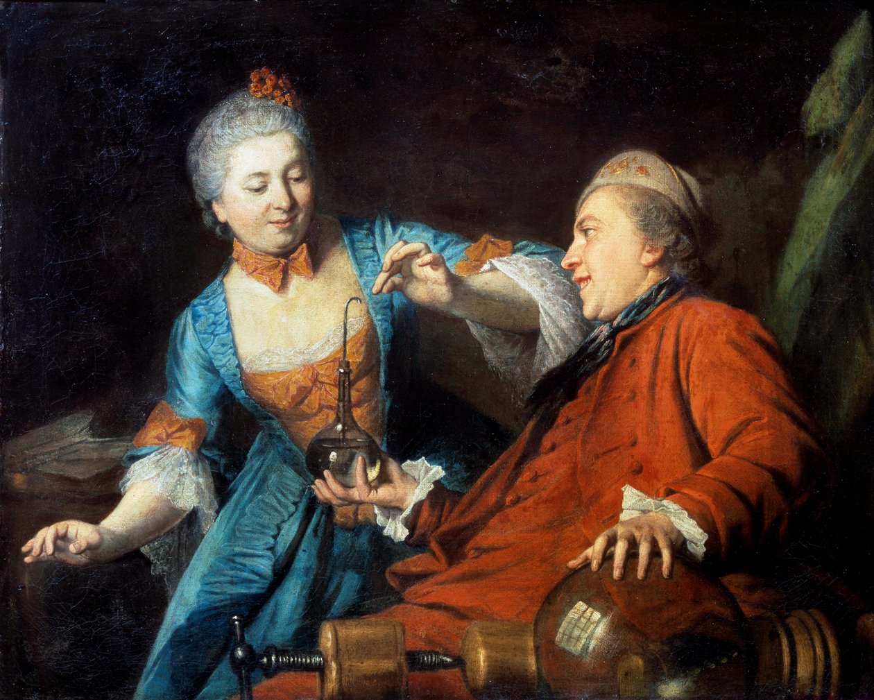 Nicolas Bergeat (1733-1815) ve Madame de Maisoncel fizikte bir deney yapıyor Fransız Okulu'nun Anonim tablosu. 1770. Reims, Güzel Sanatlar Müzesi by French School