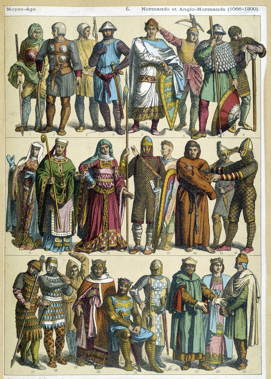 Norman ve Anglo-Norman sivil, dini ve savaşçı kostümleri (1066-1200) - gravür by French School