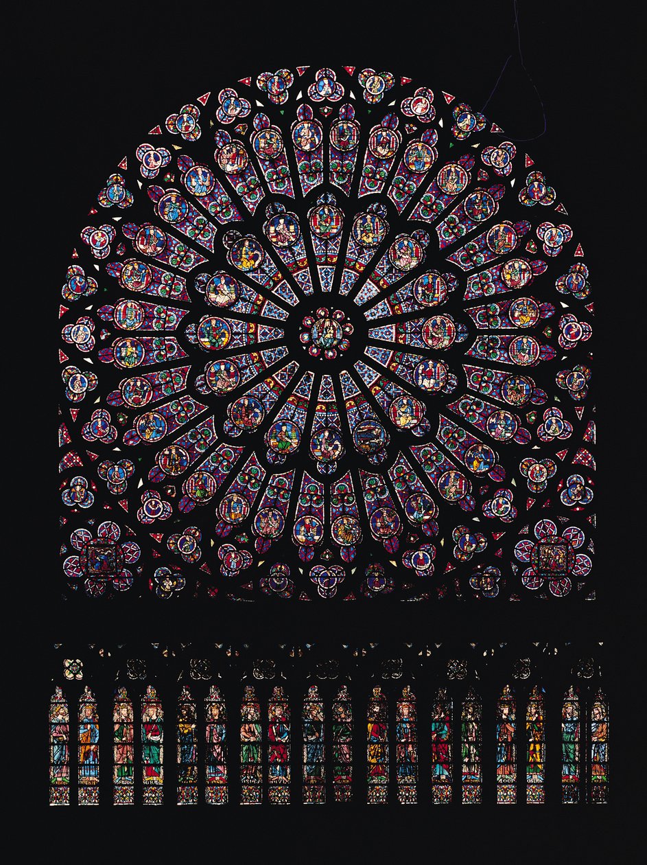 Ortada Bakire ve Çocuğu tasvir eden, Eski Ahit karakterleriyle çevrili kuzey çapraz gül penceresi, tasarlanmış, c.1250 by French School