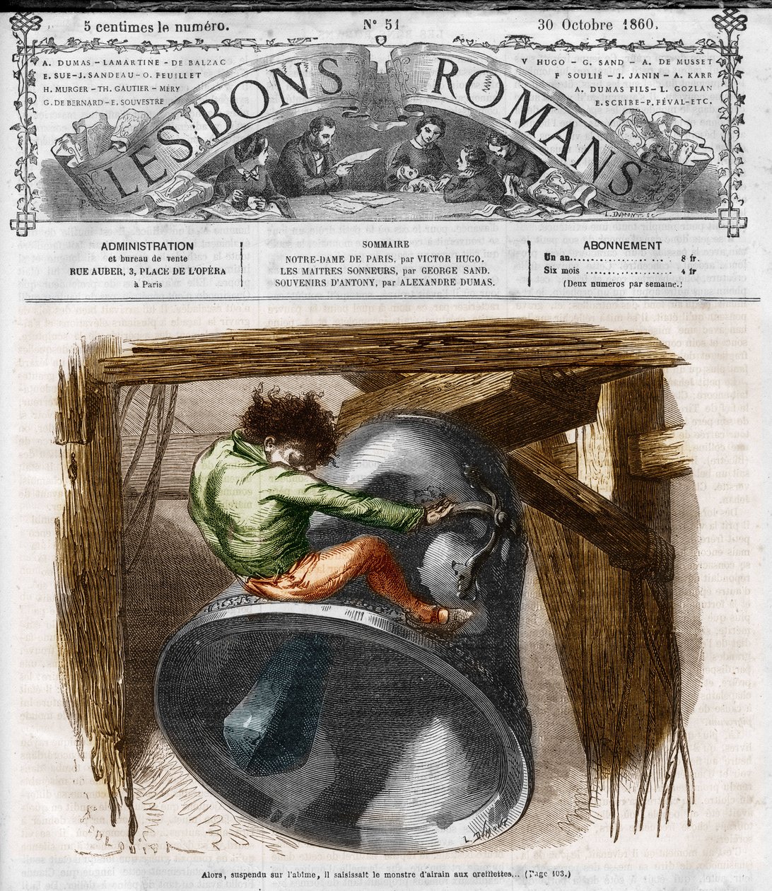 Roman serisi: Victor Hugo (1802-1885) tarafından yazılan “Notre Dame de Paris”. Quasimodo çan kulesinde. “Les bons romantizm”de gravür by French School