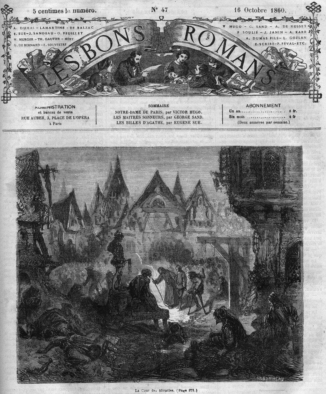 Roman serisi: Victor Hugo (1802-1885) tarafından yazılan “Notre Dame de Paris”. Mucizeler mahkemesi. “Les bons romantizm” deki gravür by French School