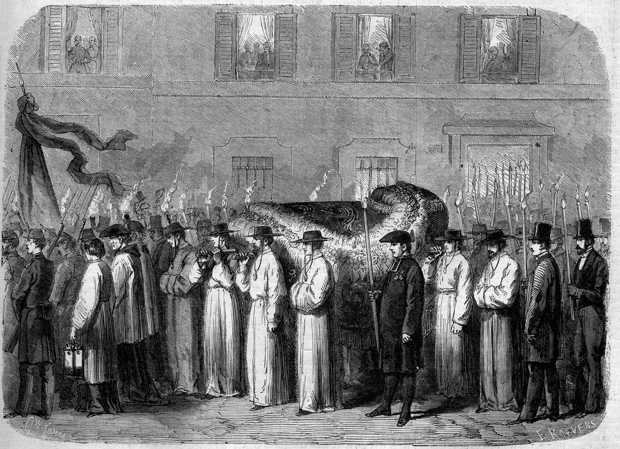 Jean Baptiste (Giovanni Battista) Niccolini (1782-1861), 21 Eylül 1861: İtalyan şairin kalıntılarını Floransa (Firenze), İtalya sokaklarında taşıyan cenaze konvoyu. Gravür “” Le Monde Illustré” n°234, 5 Ekim by French School