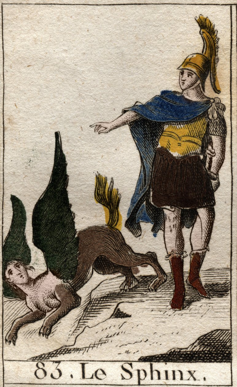 Oidipus, kendini yüksek kayadan atan sfenksin bilmecesini çözer. Pierre Blanchard 1803