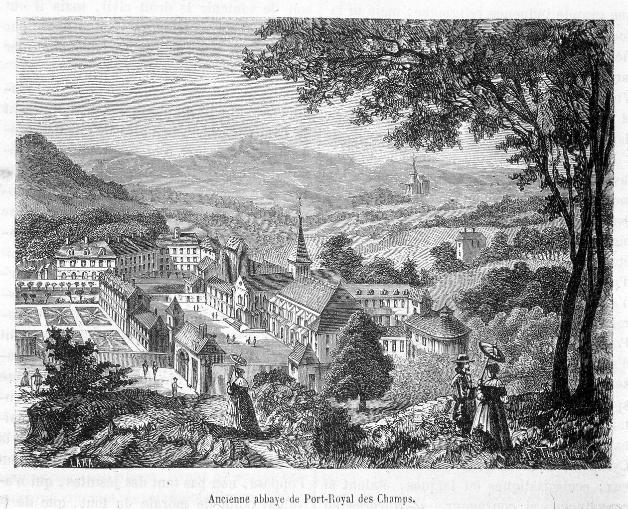 Port Royal des Champs'ın eski manastırı (Port-Royal-des-Champs) kuş görünümü - gravür by French School