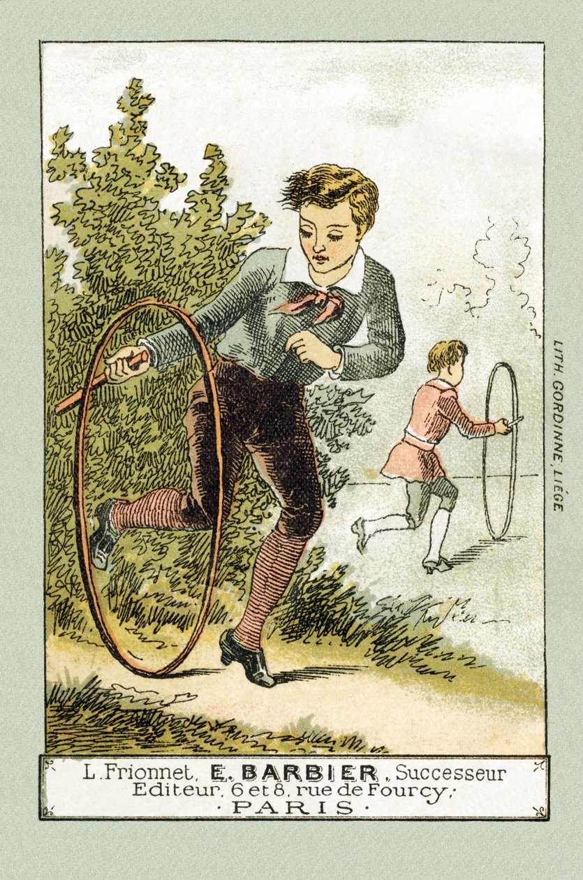 Conge günlerinde, Leon ve Lucien çember oynuyor - 19. yüzyılın sonlarında “Alphabet des petits savants” da (kromolitograf) by French School