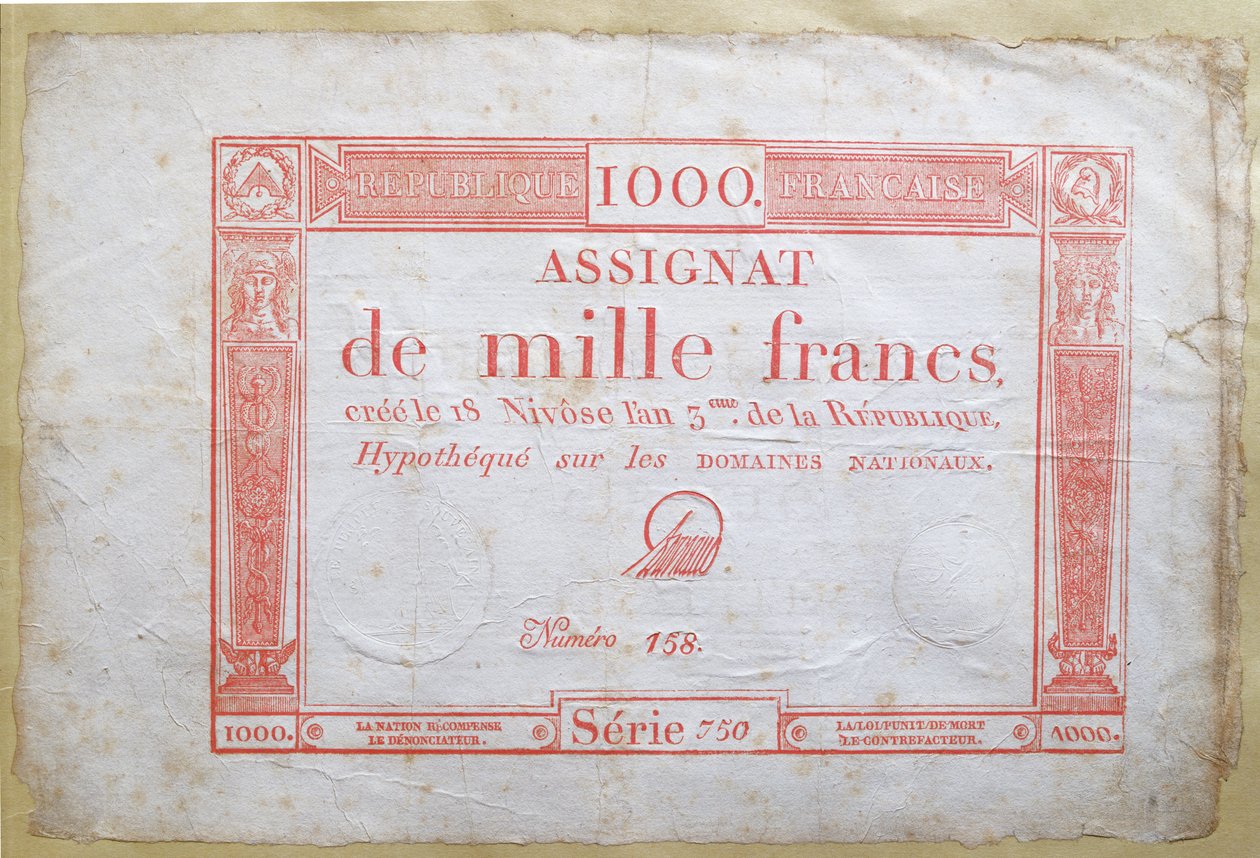 Bin frank banknot, 1795 (kağıt üzerine mürekkep) by French School