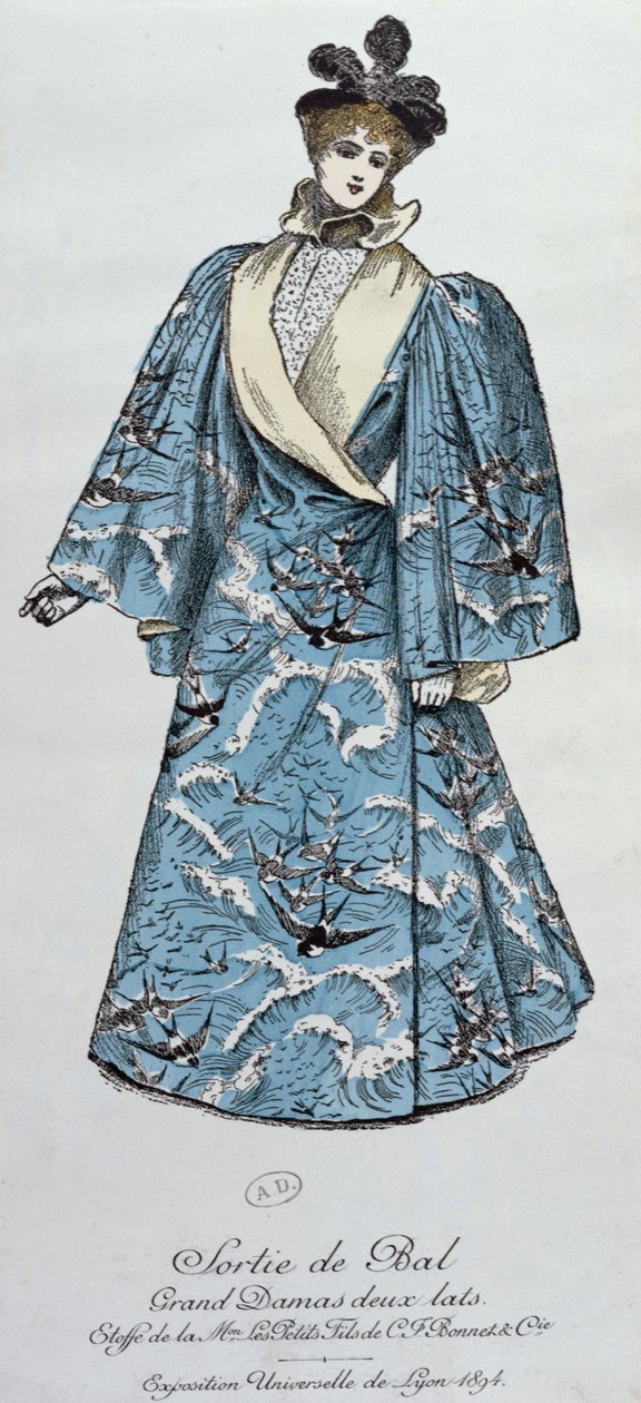 Exposition Universelle de Lyon için bir prospektüsten couturier Worth tarafından yaratılan opera pelerini, 1894 by French School