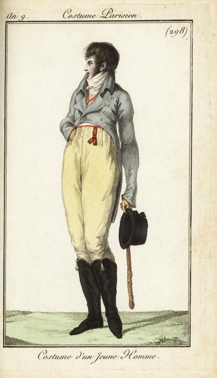 Genç bir adamın kıyafeti veya Incroyable, Mayıs 1801 (el boyaması bakır levha gravürü) by French School