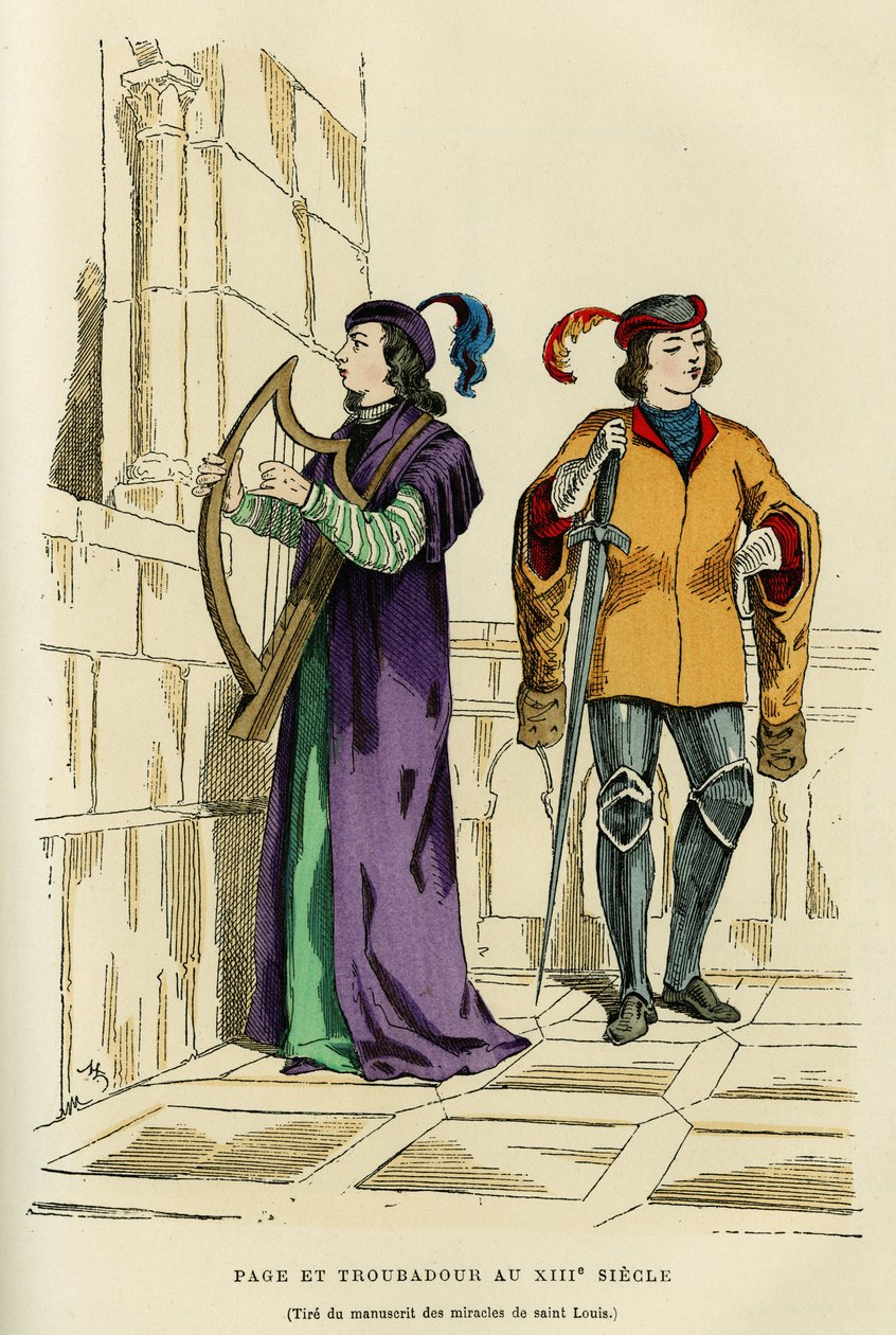13. yüzyılda sayfa kostümleri ve ozan. Saint Louis mucizelerinin (Louis IX 1214-1270), Augustin Challamel, F.Roy editörü, Paris 1882 tarafından “France et les francais à travers les yüzyıllar”daki el yazmasının bir çiziminden sonra renkli gravür. by French School
