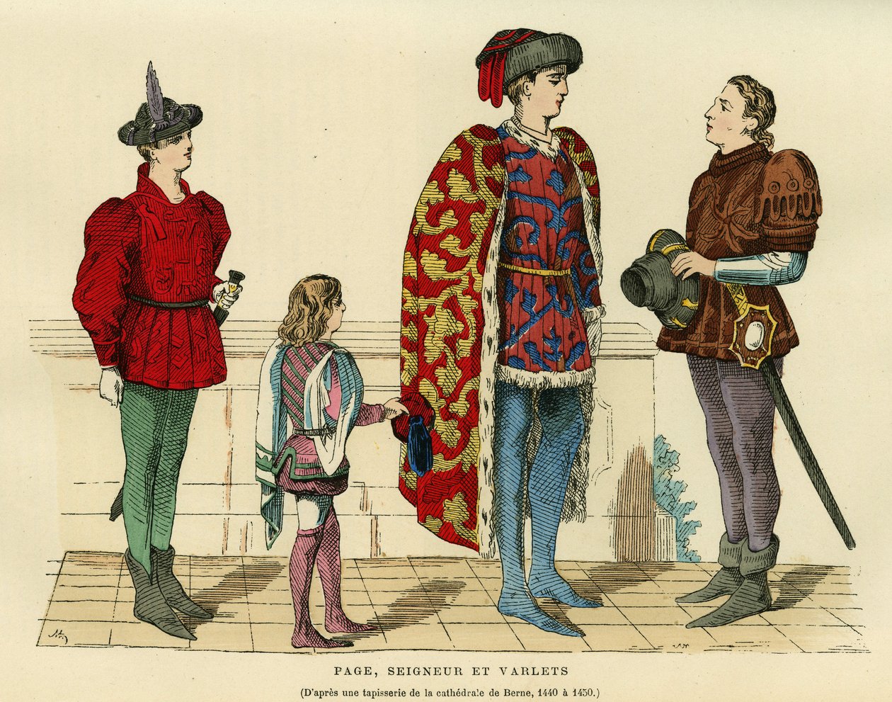 Sayfa kostümleri, 15. yüzyılda lord ve varlet. Augustin Challamel, F.Roy editörü, Paris 1882. Selva Collection. by French School