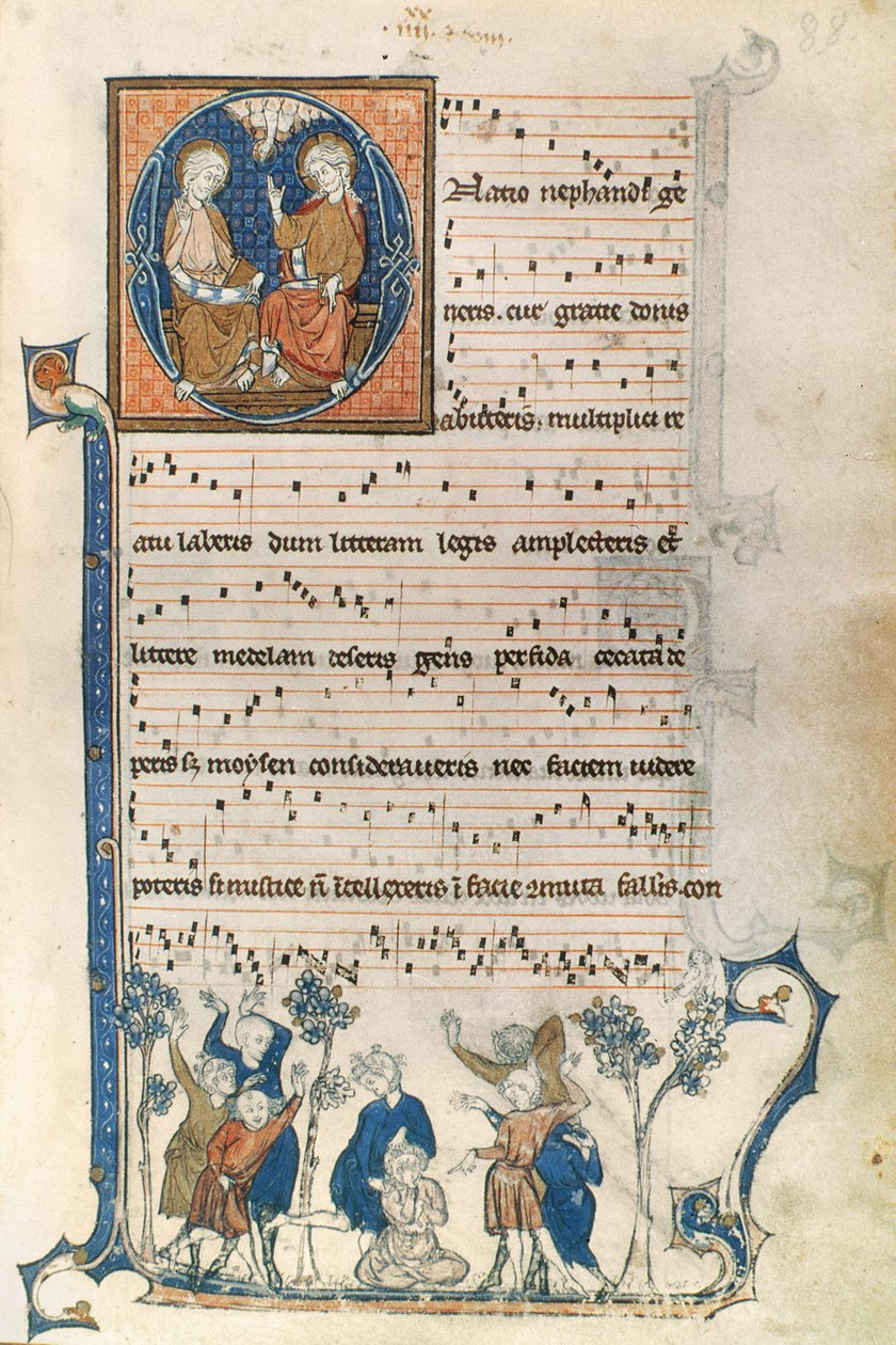 Holy Trinity ve Blind Mans Bluff oyununun resimlerini içeren Parisli bir şarkıcı için bir el yazmasından sayfa, c.1280-1315 by French School