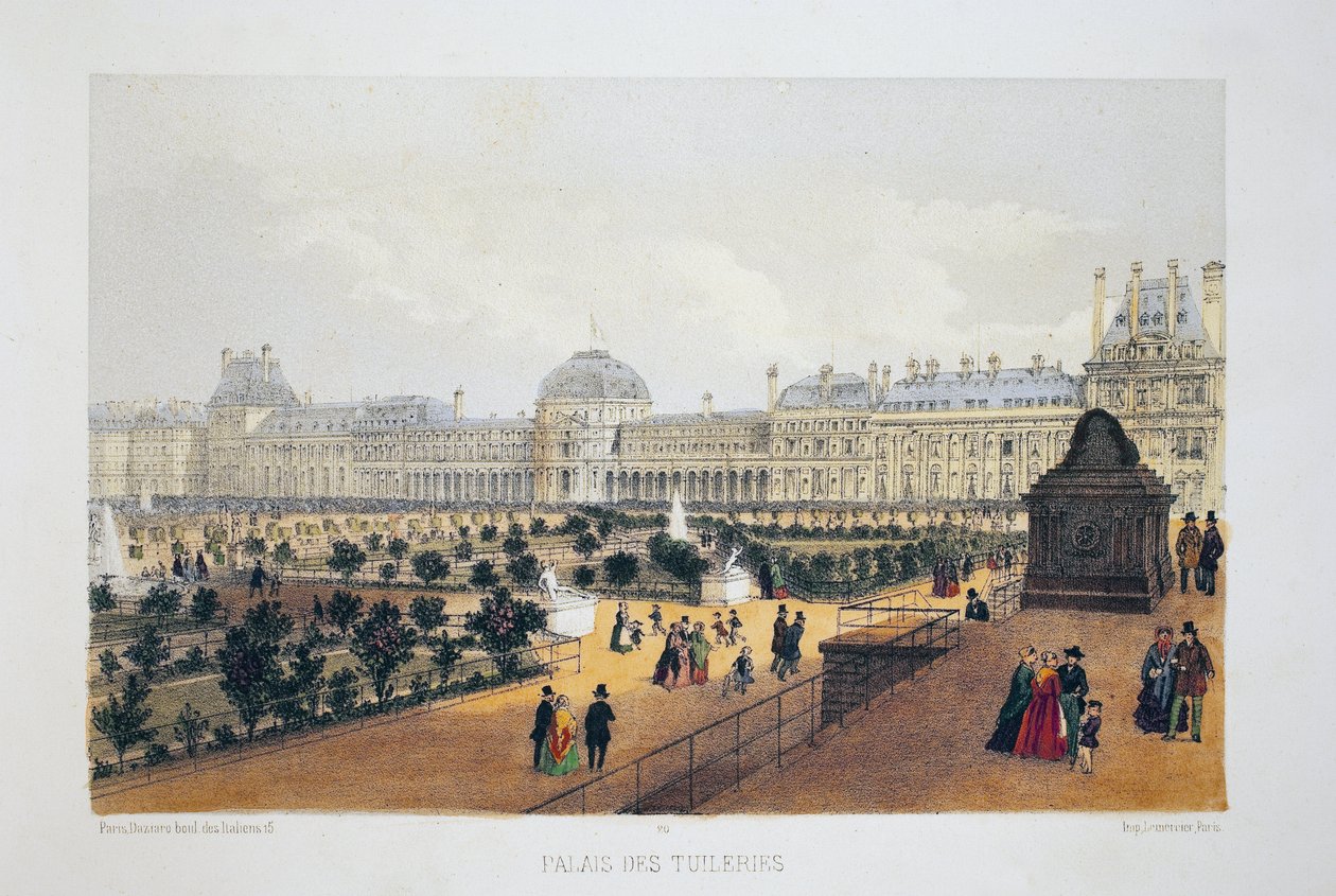 Tuileries Sarayı, Paris. Suluboya litografi, “Albüm, hediyelik eşya de Paris”te illüstrasyon, Daziaro editörü, Paris by French School
