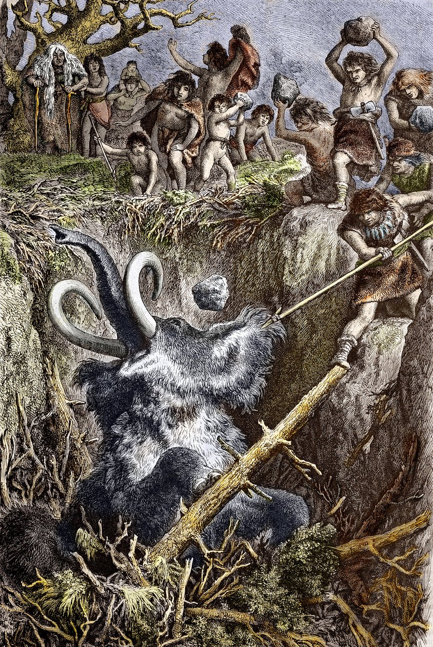 Paleolitik: mamut avlama sahnesi, tarih öncesi insanlardan oluşan bir kabile bir mamutun çukura düşmesine taş atar (paleolitik zamanlar: çukura düşmüş bir mamutu avlayan Avrupalı mağara adamları) 19. yüzyıl gravürü Özel koleksiyon by French School