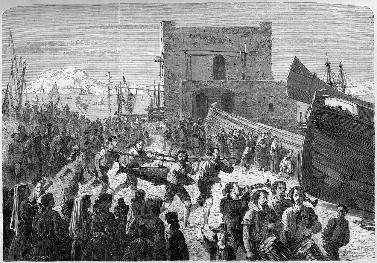 Balıkçılığın açılışında yakalanan ilk orkinosları zaferle taşıyan Palermo balıkçıları. Sicilya, İtalya by French School