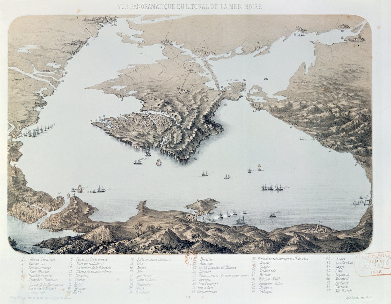 Kırım Savaşı sırasında Sivastopol ve Karadeniz kıyısının panoramik görünümü ve planı, 1855 by French School