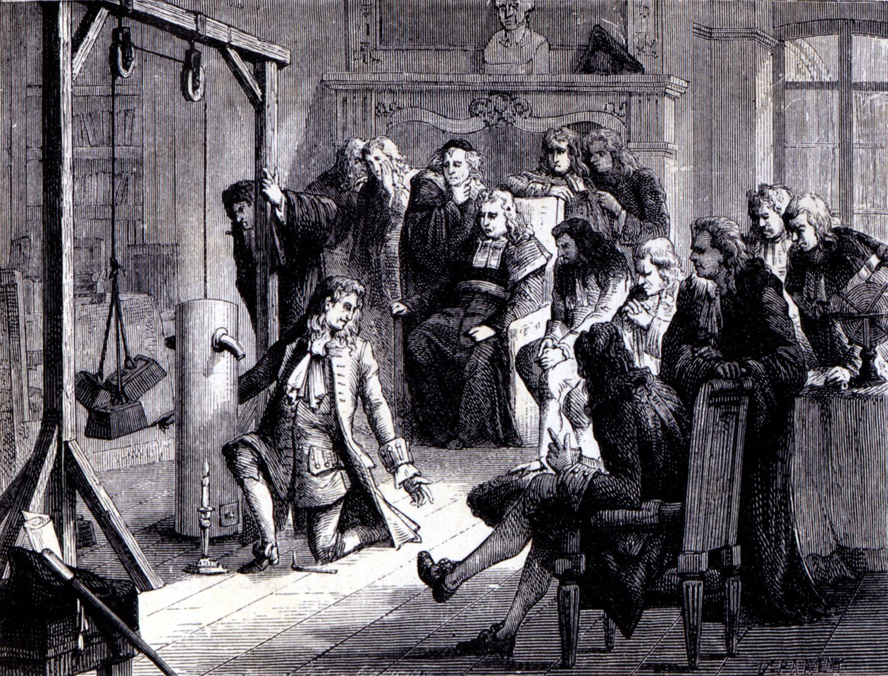 Papin (1647 - 1714) toz makinesiyle Marburg Üniversitesi profesörlerinden önce deneyler yaptı - “Album of Science; ünlü bilim adamları; Büyük keşifler””” 1896. by French School