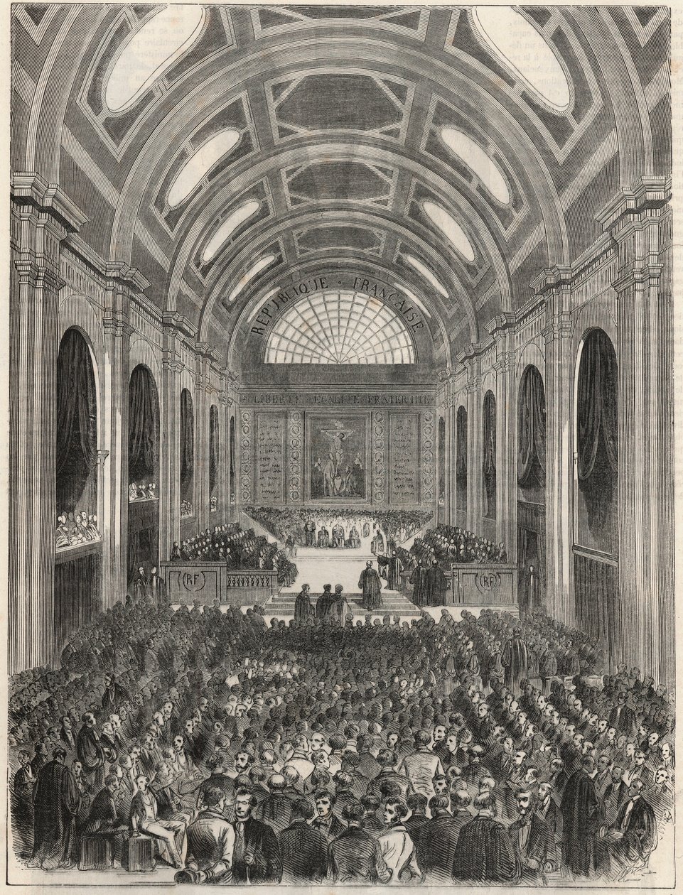 Paris, Adalet Sarayı - Resmi bir tören sırasında Salle des Pas Perdus - Edmond Texier tarafından “Tableau-de-Paris”te Gravür 1852 by French School