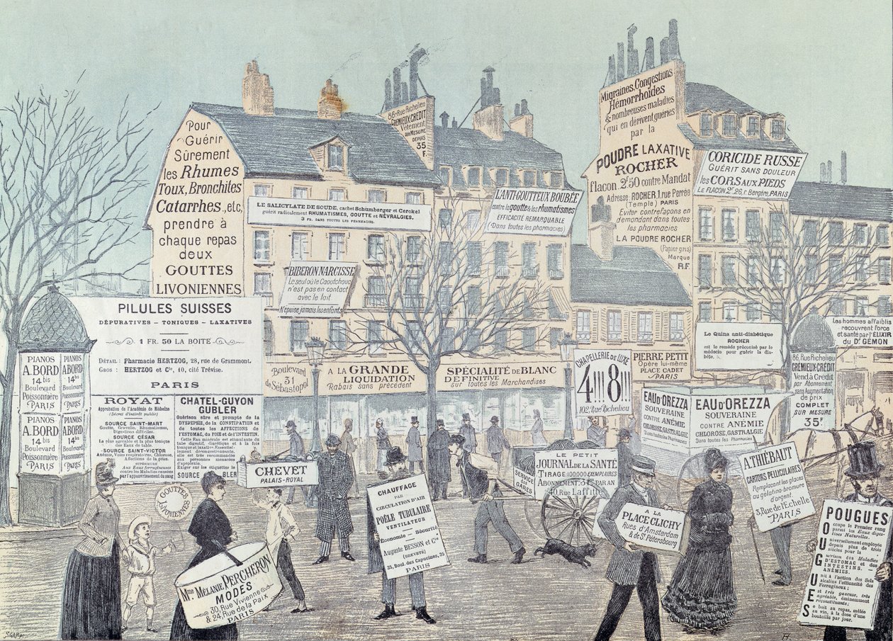 Başta ilaçlar olmak üzere birçok reklamın yer aldığı Paris Sokak Manzarası, 1885 (renkli gravür) by French School
