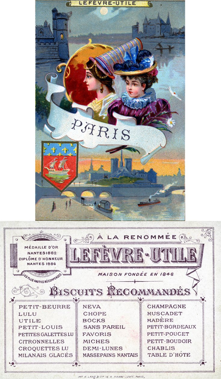 Paris, Lefèvre-Utile (LU) bisküvileri için bir promosyon kartının ön ve arka yüzü, 19. yüzyıl sonu by French School