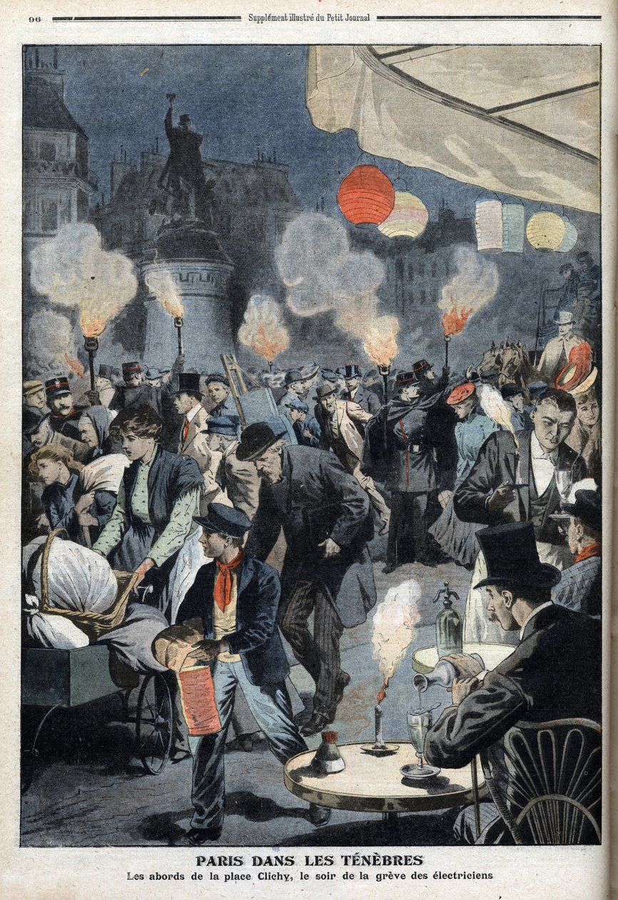 Paris karanlıkta - Clichy mekanının çevresi, elektrikçilerin grev akşamı - ” Le petit Journal””, Mart 1907 (gravür) by French School