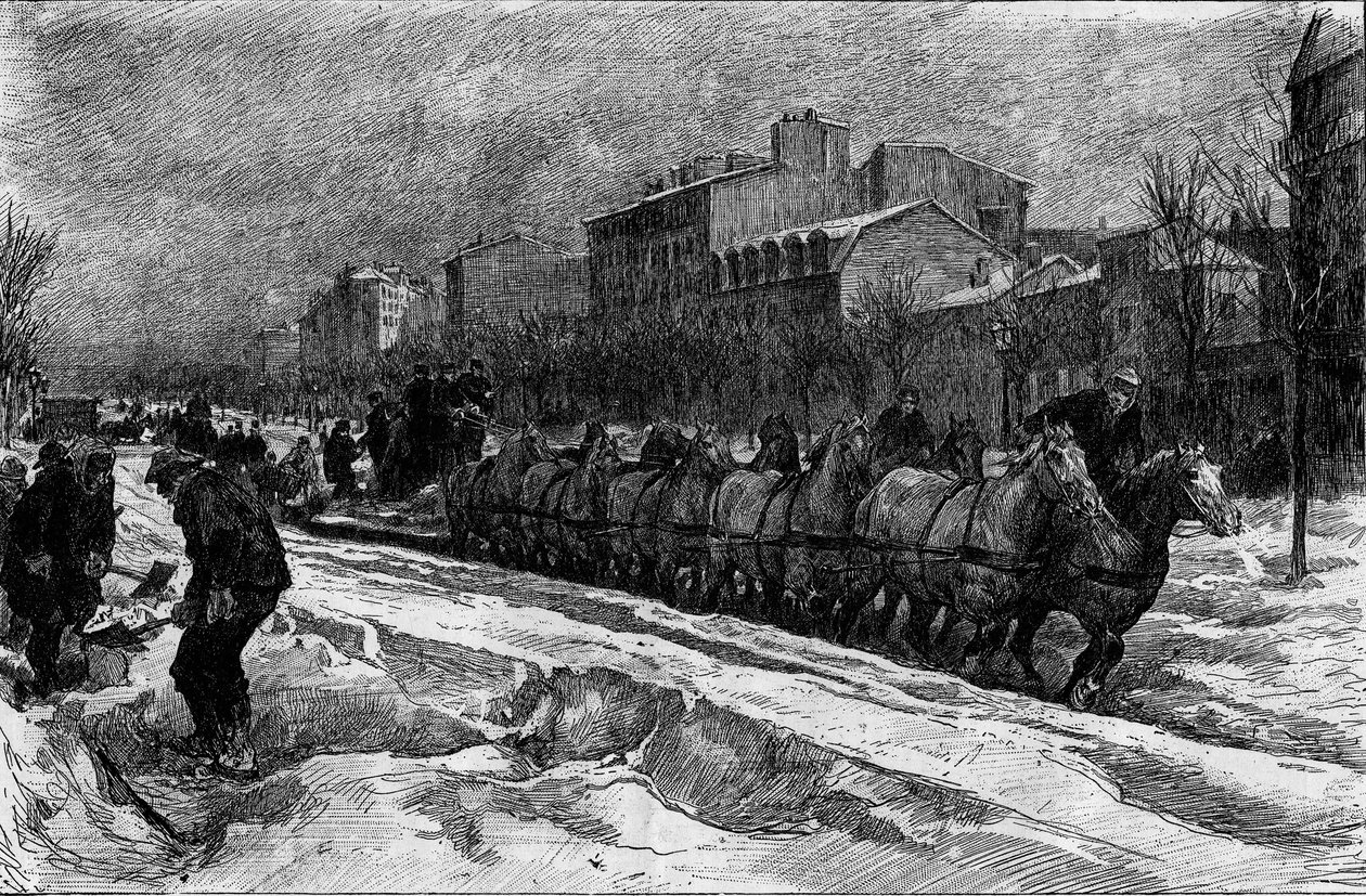 Paris kar altında, 1879-1880 kışı: Boulevard Montparnasse'de buz küreme (kar avı). Gravür “” Le Monde Illustré” n°1188, 3 Ocak by French School