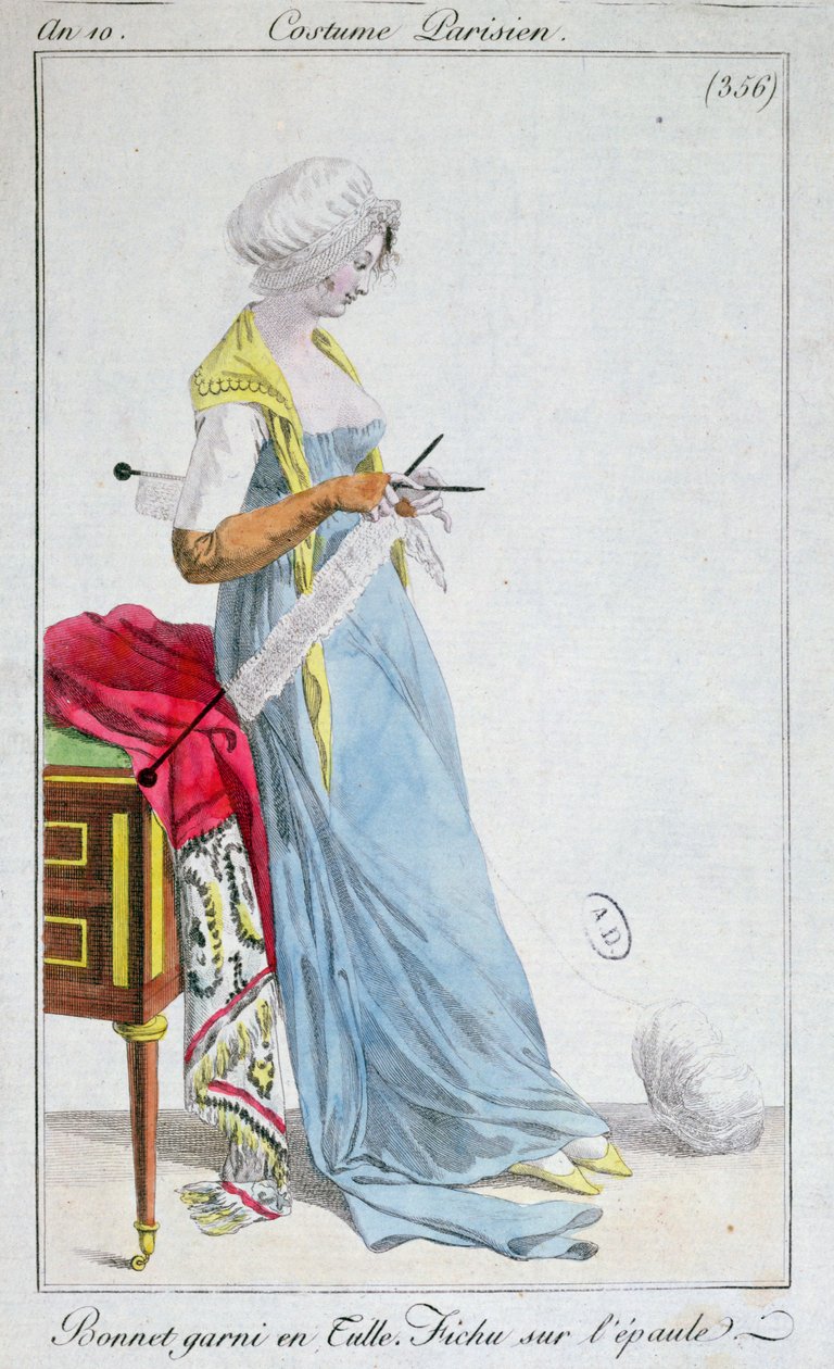 Paris kostümü: tül ile süslenmiş bone, omuzlarda fichu, 1802 by French School