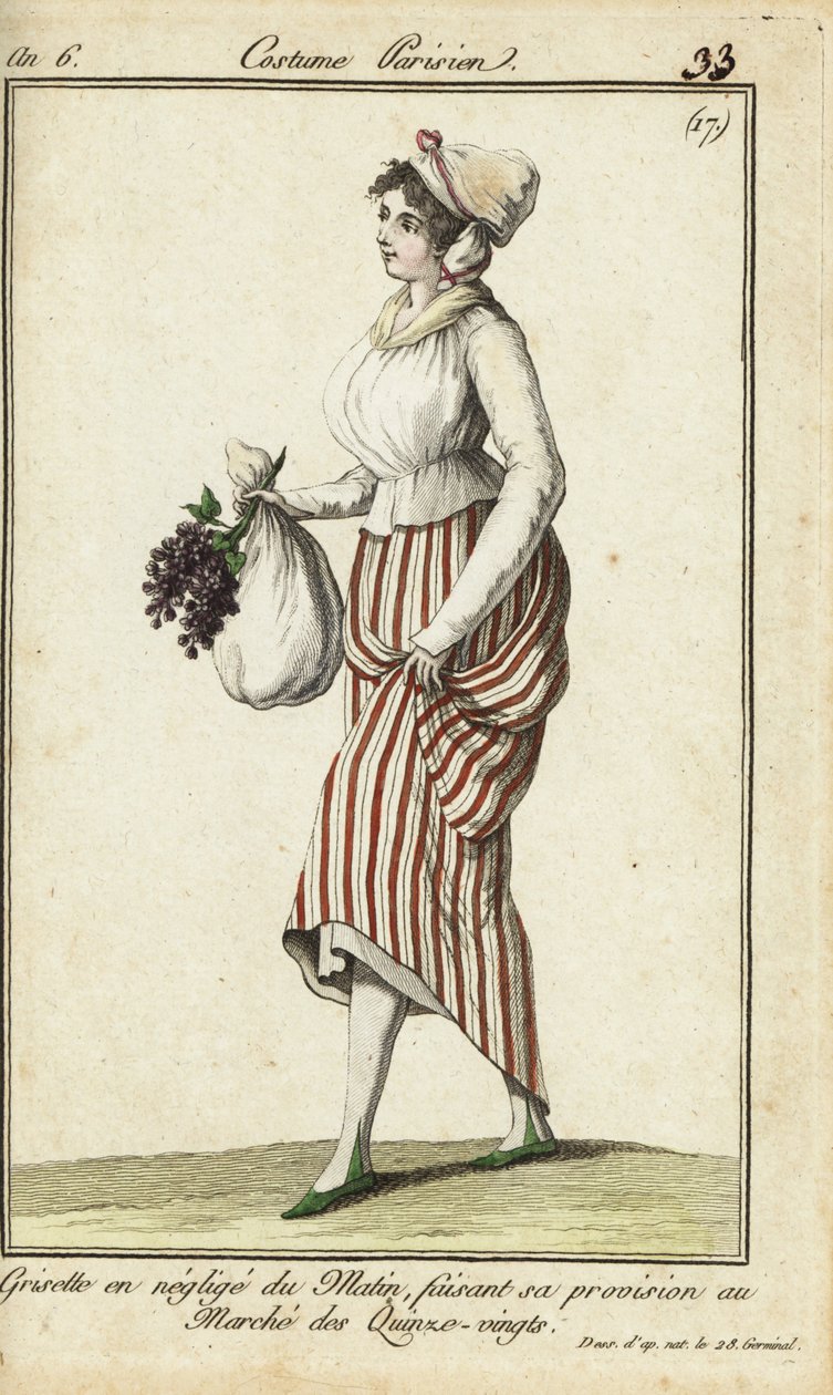 Gündelik sabahlık giymiş Parisli dükkan kızı, 26 Mart 1798 (el boyaması bakır levha gravürü) by French School