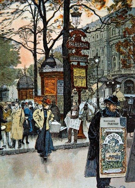 Palais-Royal Metro istasyonunun yakınında Paris sokak sahnesi, c.1900 (renkli taş) by French School