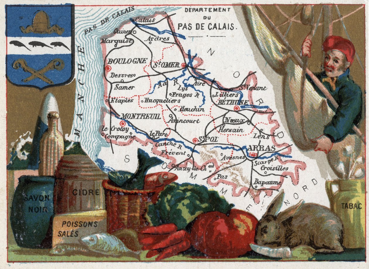 Pas de Calais (62), Nord Pas de Calais (Nord-Pas-De-Calais), Fransa. Yerel spesiyaliteler: siyah sabun, pis balık, elma şarabı ve tütün. Fransız Departmanları Üzerine Diziler. Kromolitografi (Chromo) 1920 dolaylarında “coğrafi konu””. Özel koleksiyon. by French School