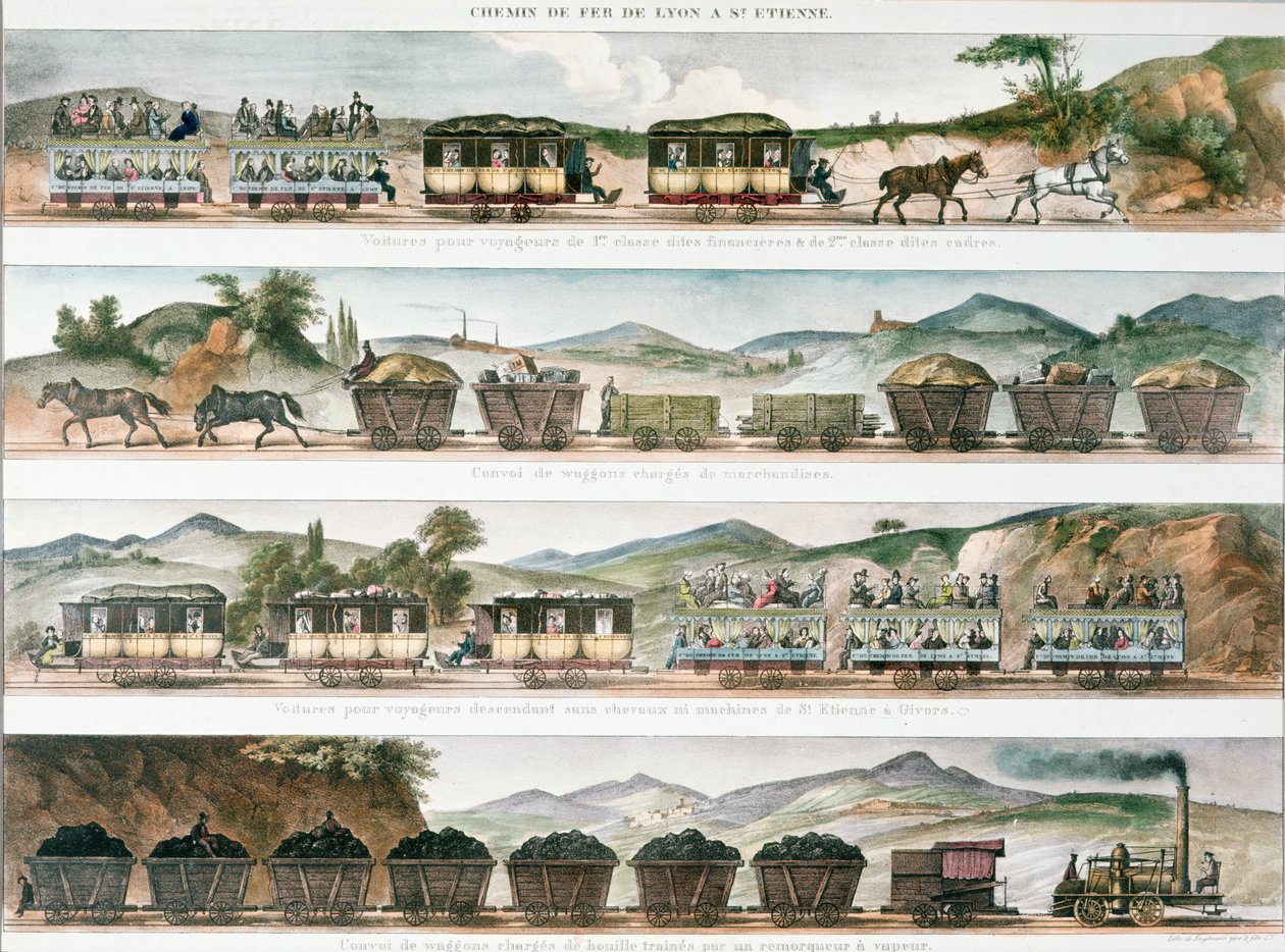 Lyon ve St. Etienne arasında açılan ilk Fransız hattında yolcu ve yük, 1829 (renkli taş) by French School