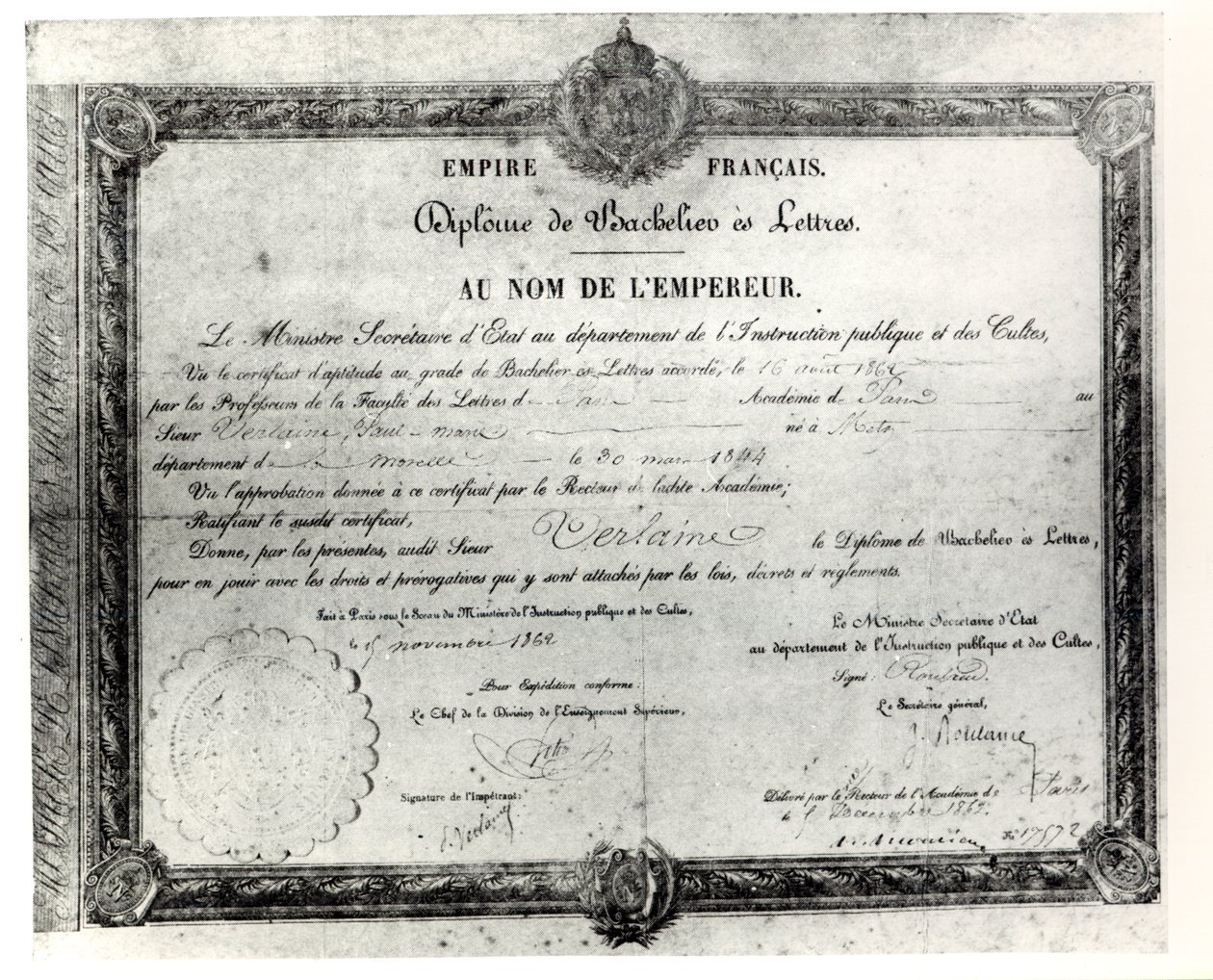 Paul Verlaines Baccalaureat, 1862 (kağıt üzerine kalem ve mürekkep) by French School