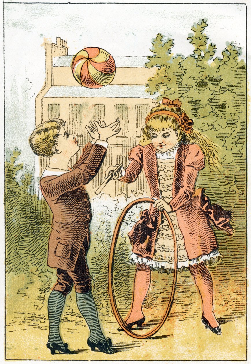 Paul top oynuyor ve Louise çember oynuyor - 19. yüzyılın sonlarında “Alphabet des petits savants”ta (kromolitografi) by French School
