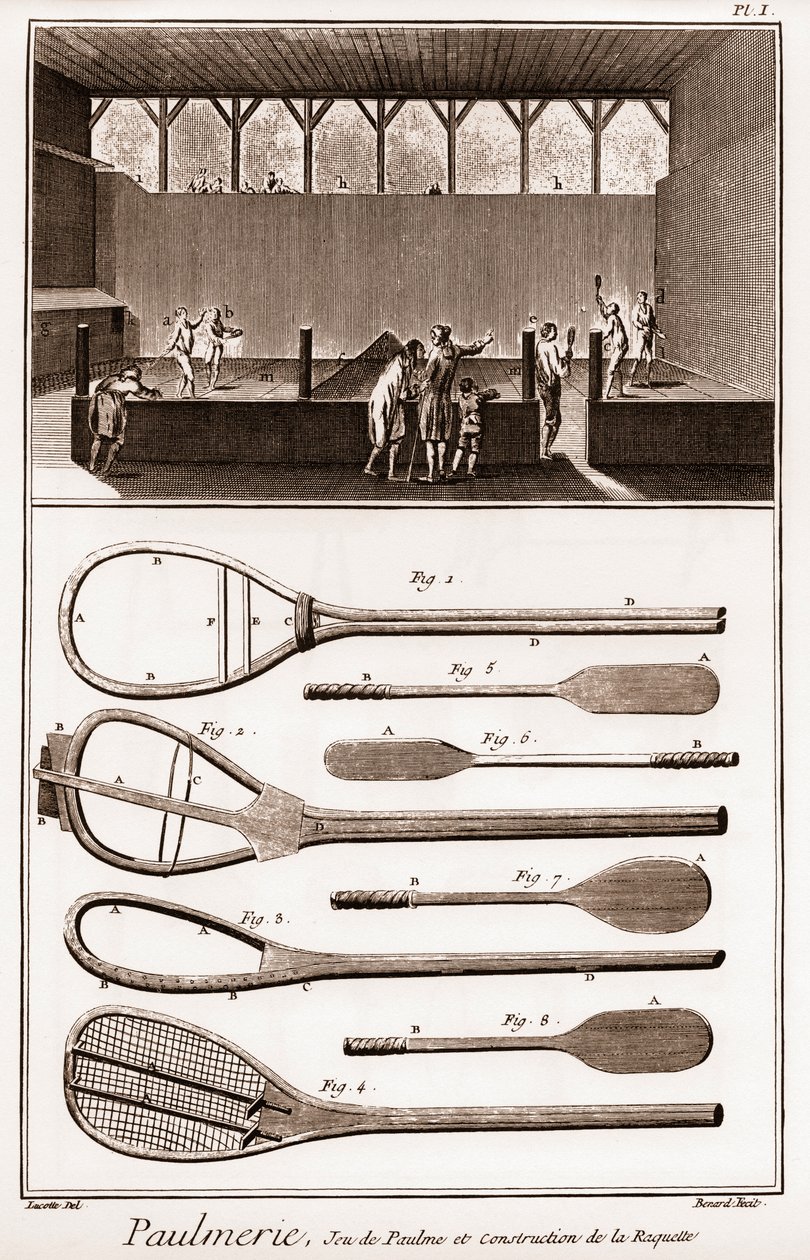 Paulmerie - Tenis kortu ve raket yapımı - Jeu de Paume kortu ve raket yapımında çeşitli aşamalar (raket sopaları veya battoirs) - “” La Grande Encyclopédie, ou Dictionnaire Raisonne des Sciences, des Arts et des Métiers” ( Encyclopedia by French School
