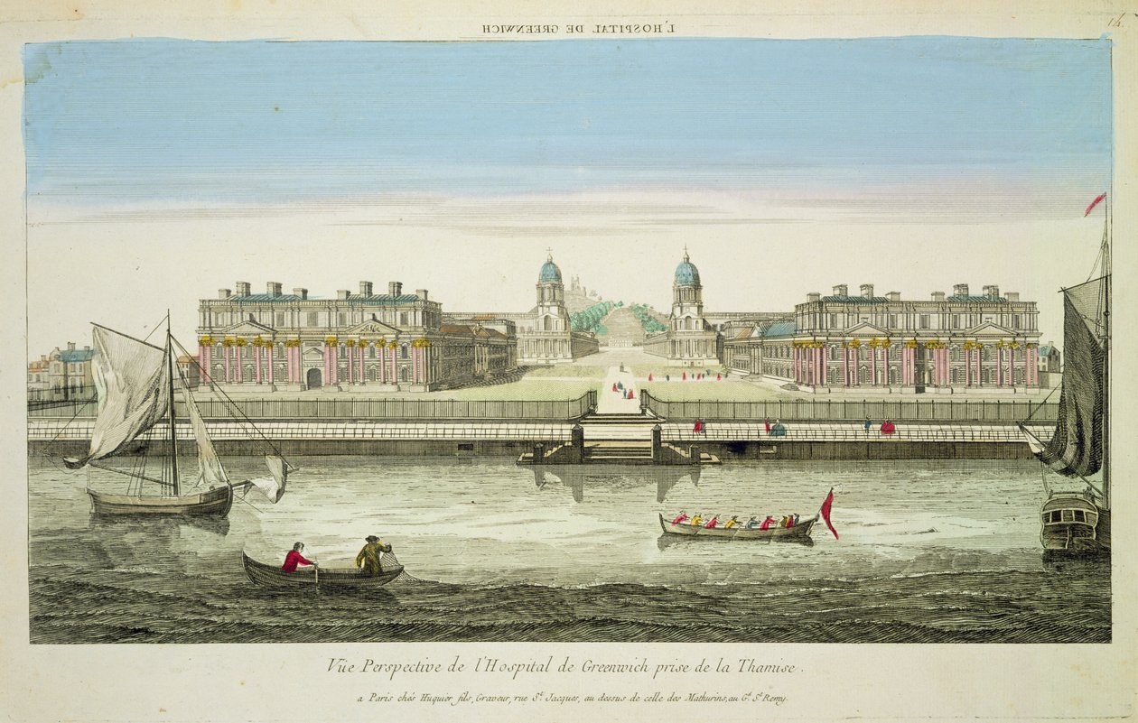 Huquier tarafından oyulmuş Thames Nehri üzerindeki Greenwich Hastanesinin Perspektif Görünümü (renkli gravür) by French School