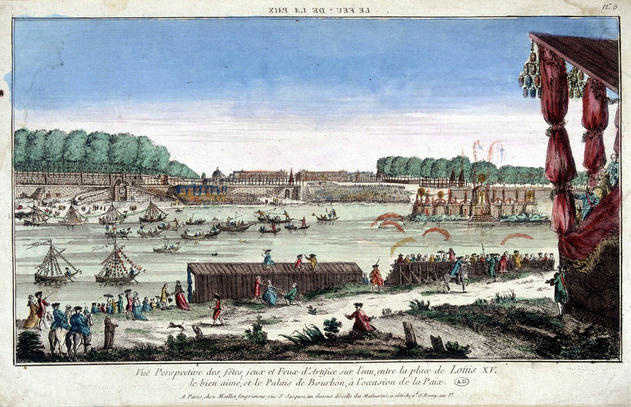 Barış vesilesiyle, Place Louis XV ve Palais Bourbon arasındaki su üzerinde partilerin, oyunların ve havai fişeklerin perspektif görünümü by French School