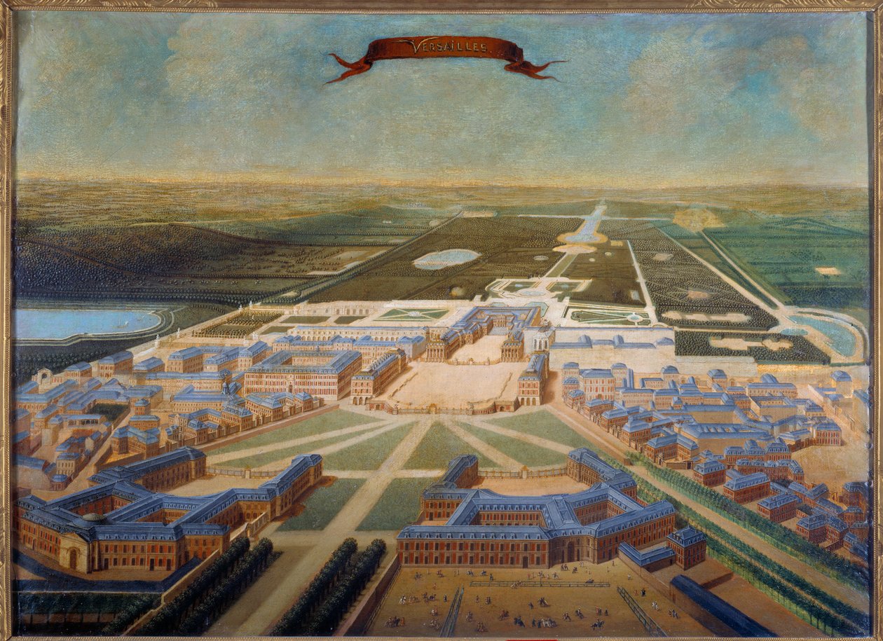Louis XIV saltanatının sonunda, 1710-1715 civarında, kalenin ahırlarının ve Versay bahçelerinin perspektif görünümü. Fransız okulunun resmi by French School