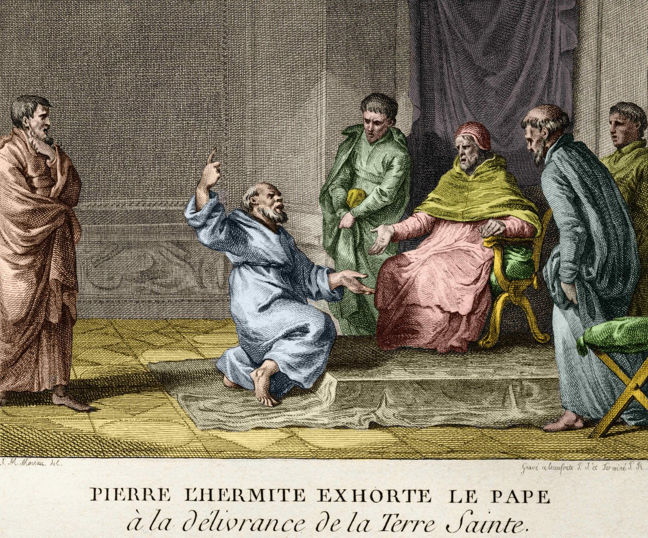 Hermit Peter, Papa II. Urban'ı 1093'te Kutsal Toprakların kurtuluşu için teşvik ediyor (Hermit Peter ilk Haçlı Seferini vaaz ediyor) - Fransa Tarihi Figürlerinden Gravür, sd. 18. yüzyılın sonlarında by French School