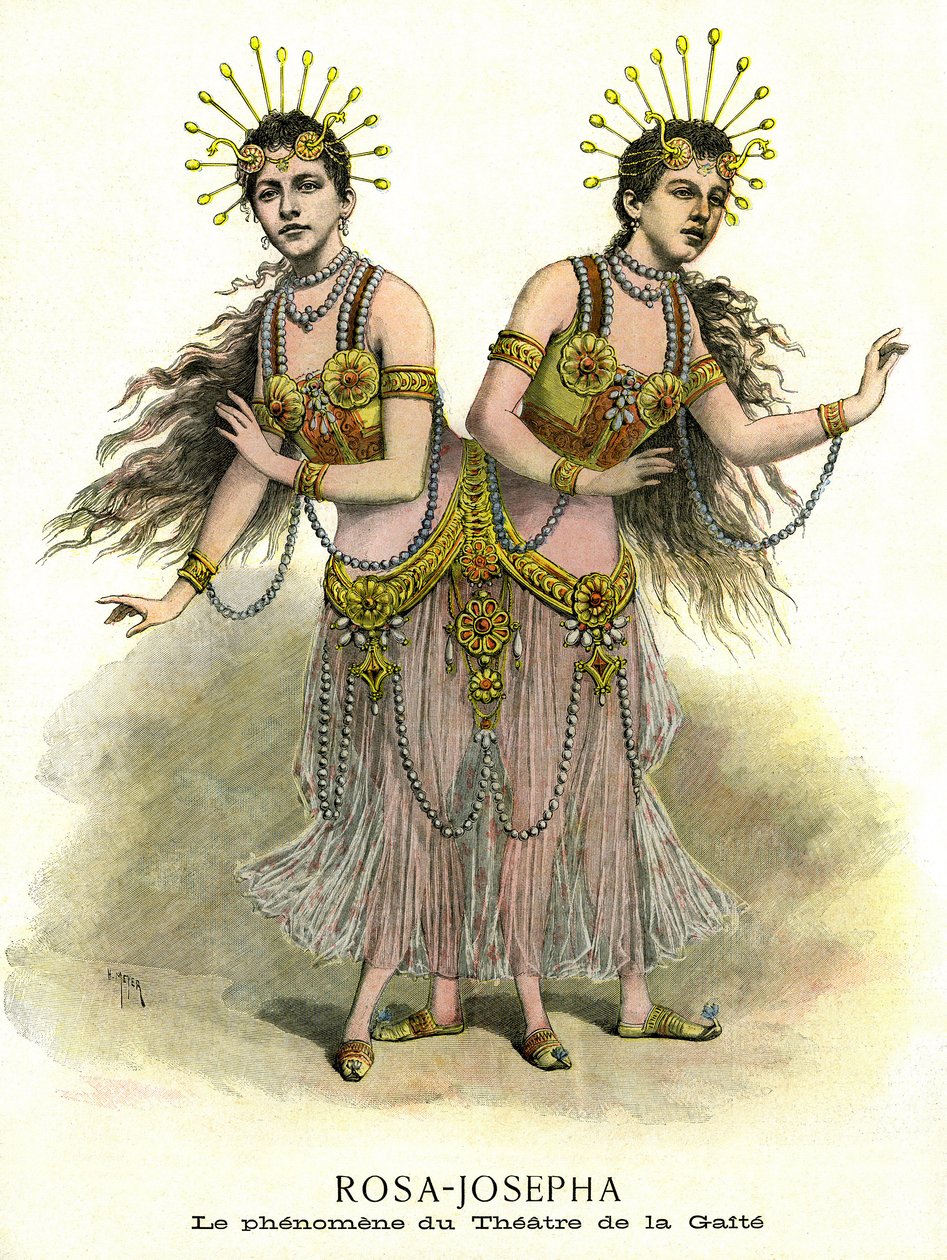 Gösteri Olayları: Siyam Kız Kardeşler Rose ve Joseph, 1891'de Paris'teki Gaite Tiyatrosu'nda sunuldu (basılı) by French School