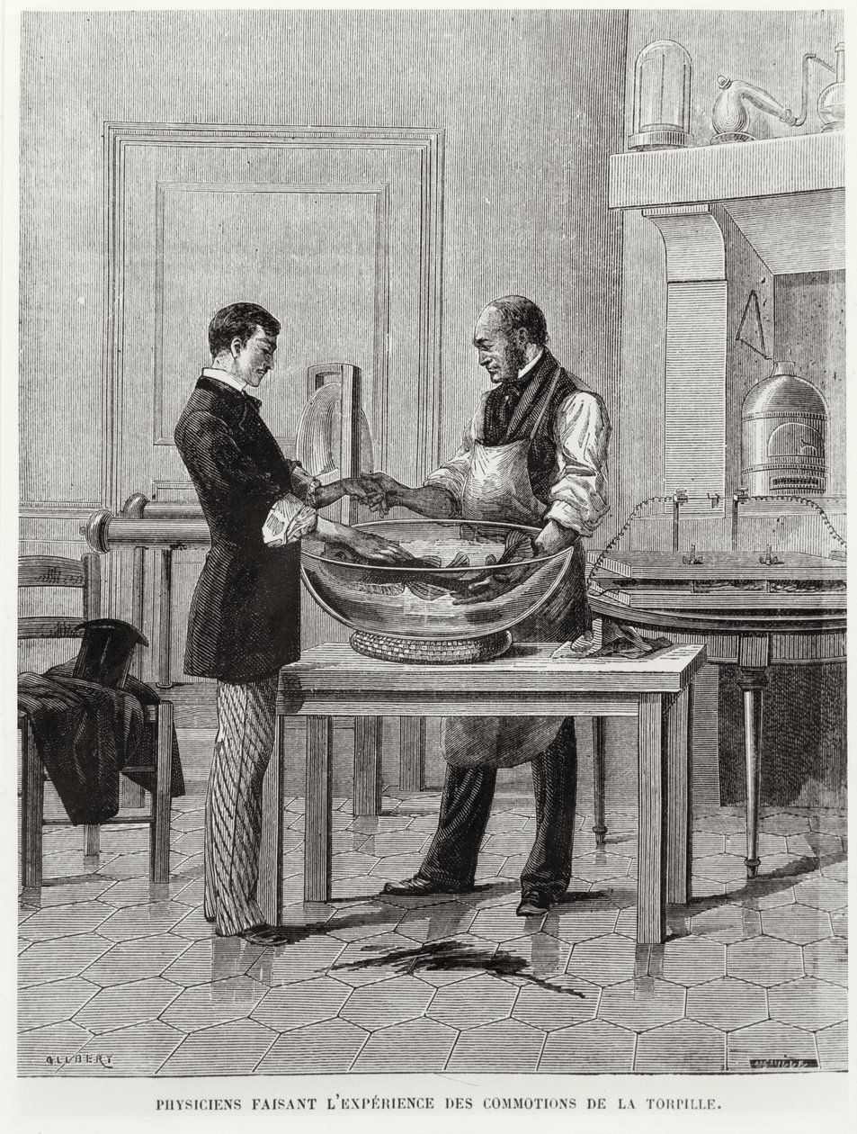 Bir torpido üzerinde deney yapan fizikçiler, 19. yüzyılın 2. yarısı (gravür) (s/b fotoğraf) by French School