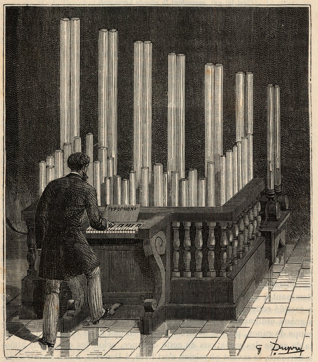 Piano a Gaz - (Gazlı org) Pirofon (yangın/patlama organı) (yangın/patlama calliope) “” Bilimlerin kapılarına kadar getirdiği gravür - Popüler fizik ve kimya”, Alexis Clerc - 19. yüzyıl sonu - Özel koleksiyon by French School