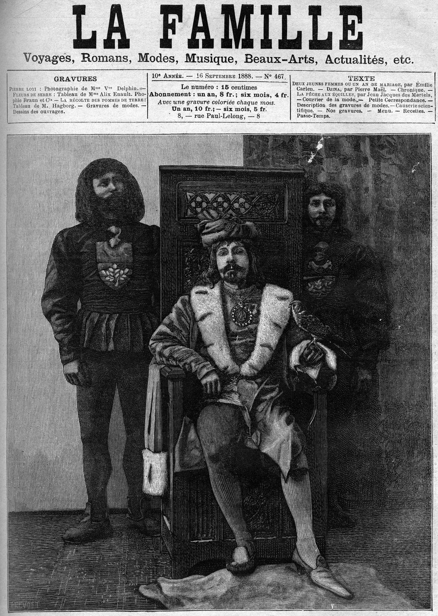 Pierre Loti, Louis XI döneminden kalma bir dekor içinde bir parti sırasında şatosunda konuklarını ağırlarken XI. Louis kostümü içinde. 1888