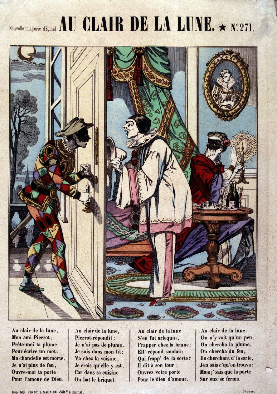 Pierrot, Harlequin ve komşusu hasta. “Au clair de la lune” şarkısından, Epinal