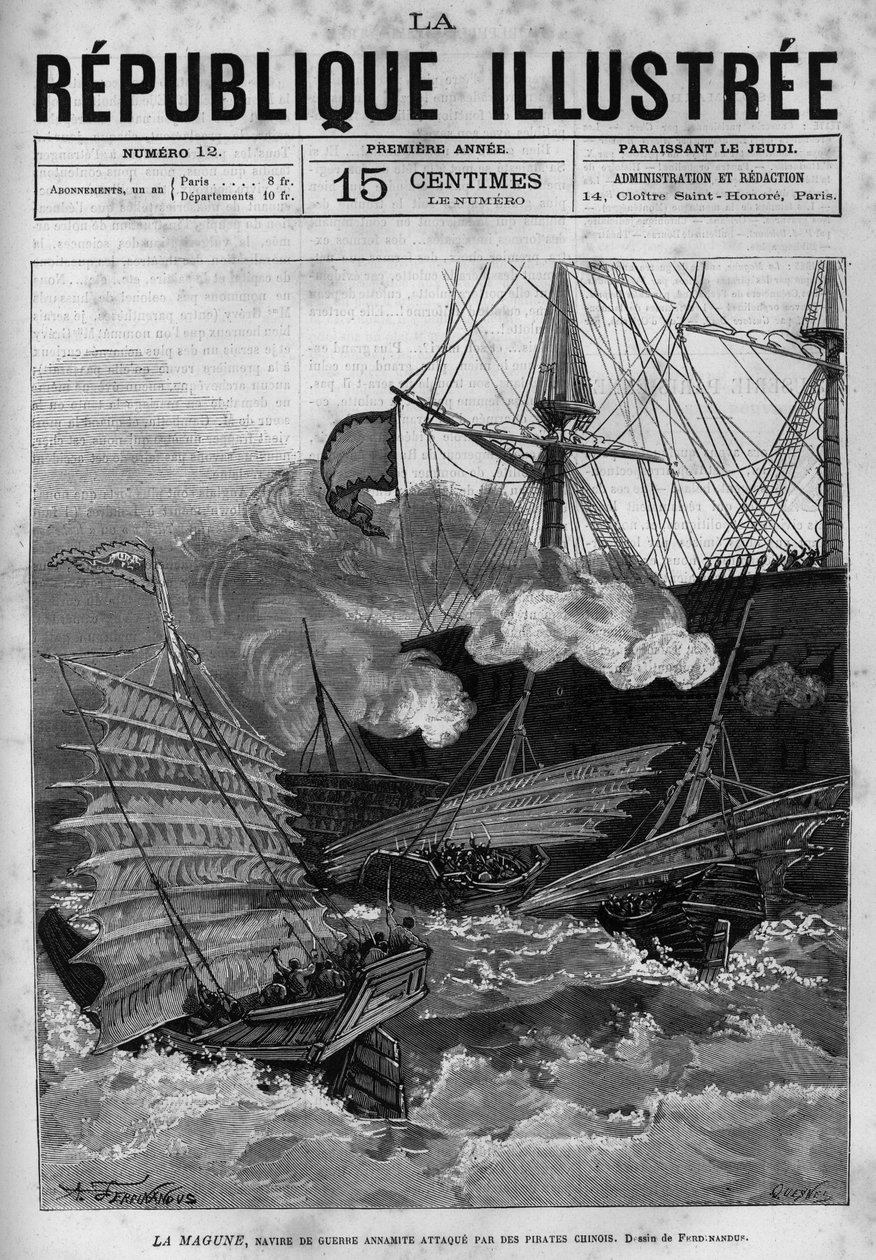 Korsanlık: Annamite savaş gemisi “La Magune” Çinli korsanlar tarafından saldırıya uğradı. Gazete. “La republique illustree” özel koleksiyonunda 1880 yılına ait gravür. by French School