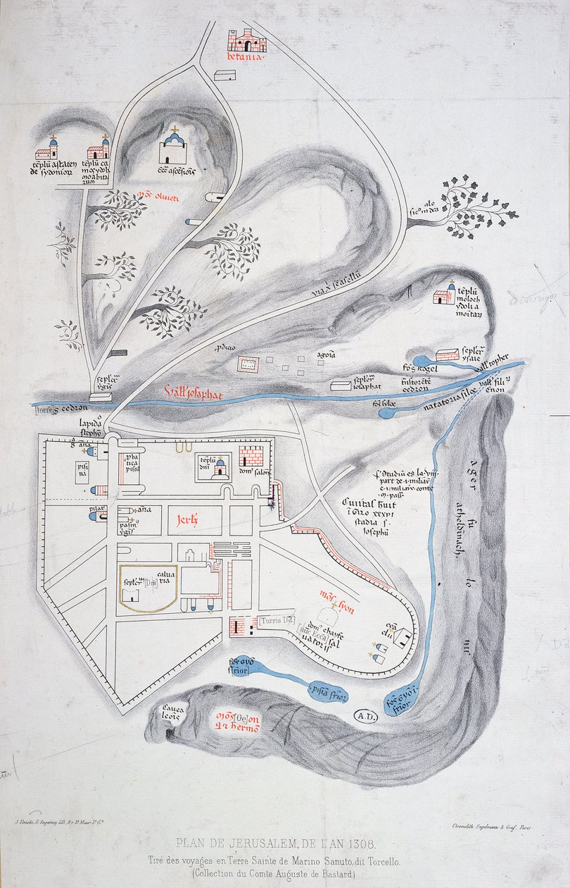 1308'de Kudüs Planı, Marino Sanuto di Torcello'nun Liber de Expedition Terrae Sanctae'nin tıpkıbasım baskısından bir çizim (c.1260-1338) by French School
